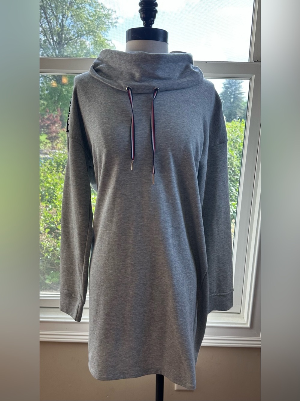 Tommy Hilfiger Cowl Neck Gray Logo Long Sleeve Sweatshirt Dress
